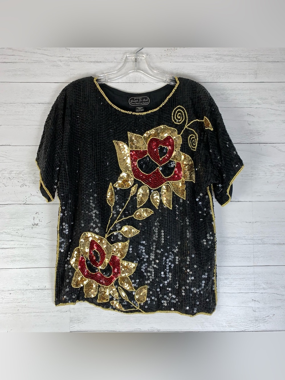 Jean for Joseph Le Bon 100% Silk Top Womens Size medium Black Gold Sequin Blouse